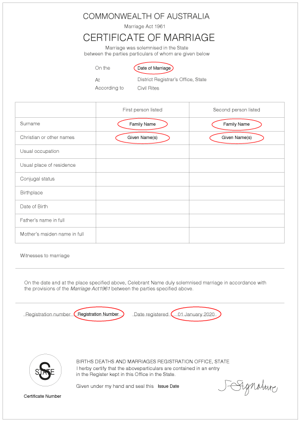 Example of marriage certificate for ACT, QLD, SA, NT, TAS and VIC.