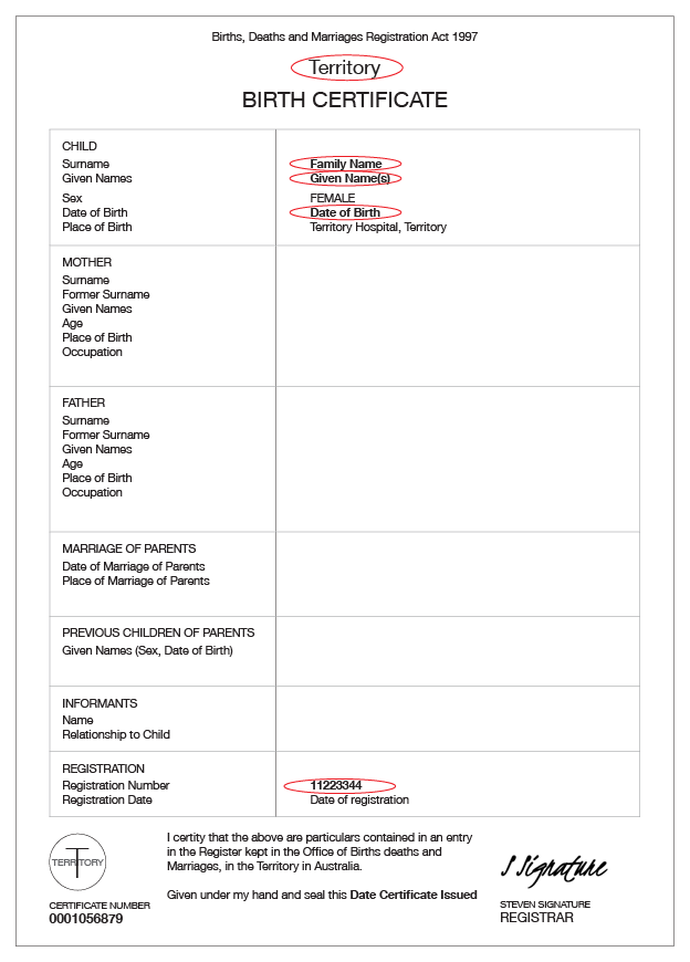 NT Birth certificate example.
