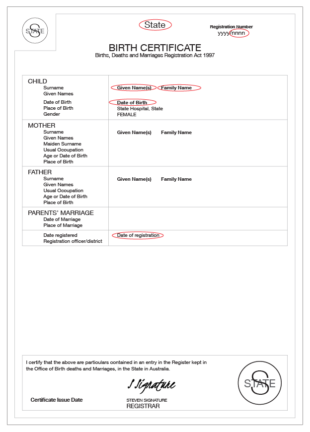 Tasmania Birth certificate example.