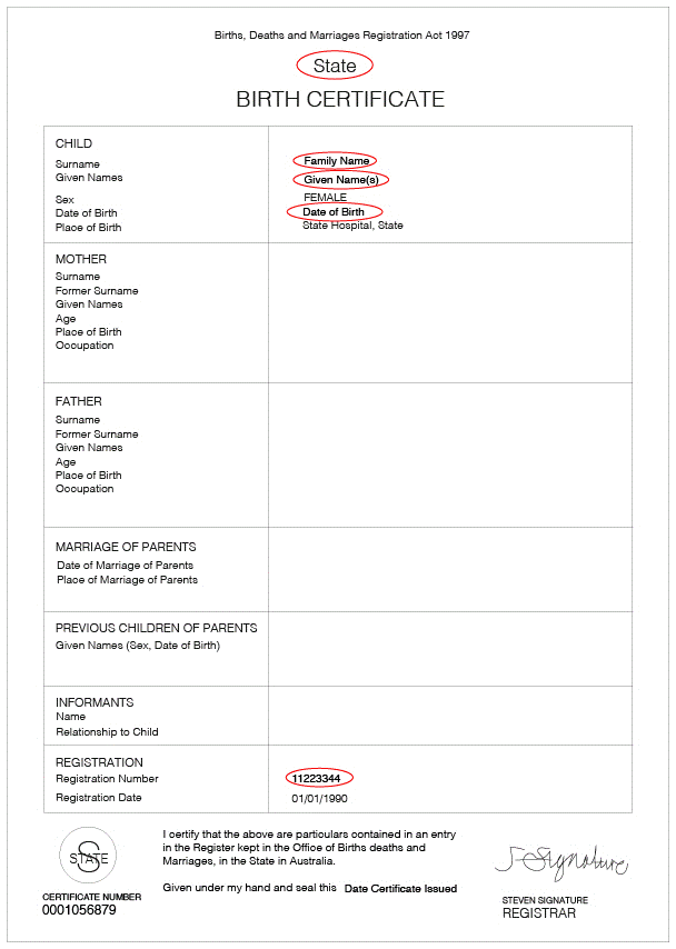 Birth certificate ACT SA and NT