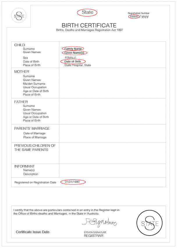NSW QLD TAS VIC and WA birth certificate