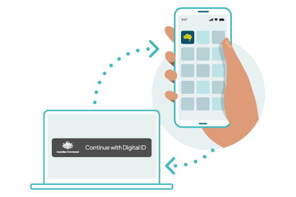 Image showing relationship between laptop and smartphone. User switching from the laptop with online service login screen with ‘Continue with Digital ID’ to smartphone with user selecting myID app