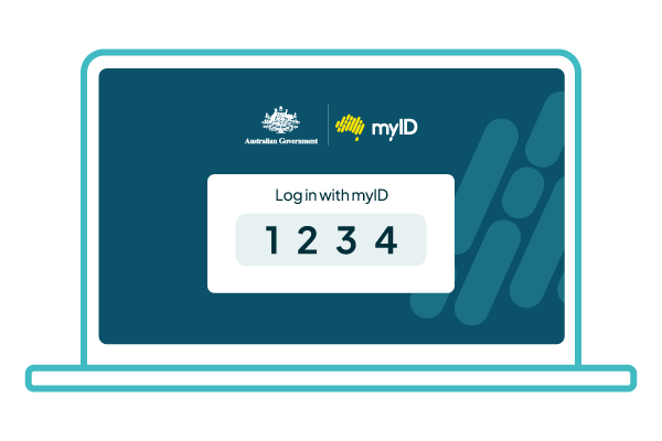 Laptop screen displaying ‘Log in with myID’ and a four-digit code (1234)