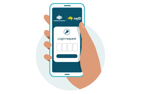 Smartphone showing myID app screen with ‘Login request’ and space to input the four-digit code