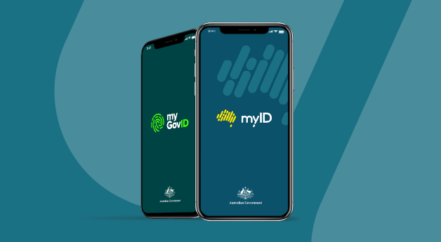 Two smart phones. The lefthand phone shows the myGovID logo. The righthand phone shows the myID logo.